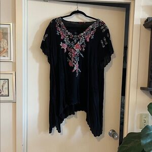 Johnny Was Black Tunic with Pink & Aqua Floral Embroidery